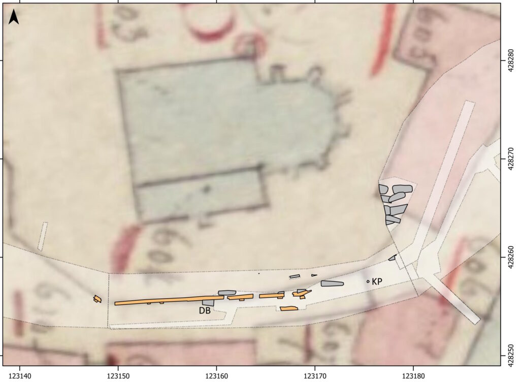 Locatie van het onderzoeksgebied met de aangetroffen menselijke begravingen waaronder het 'deviant burial' (DB) en het kinderpotje (KP).